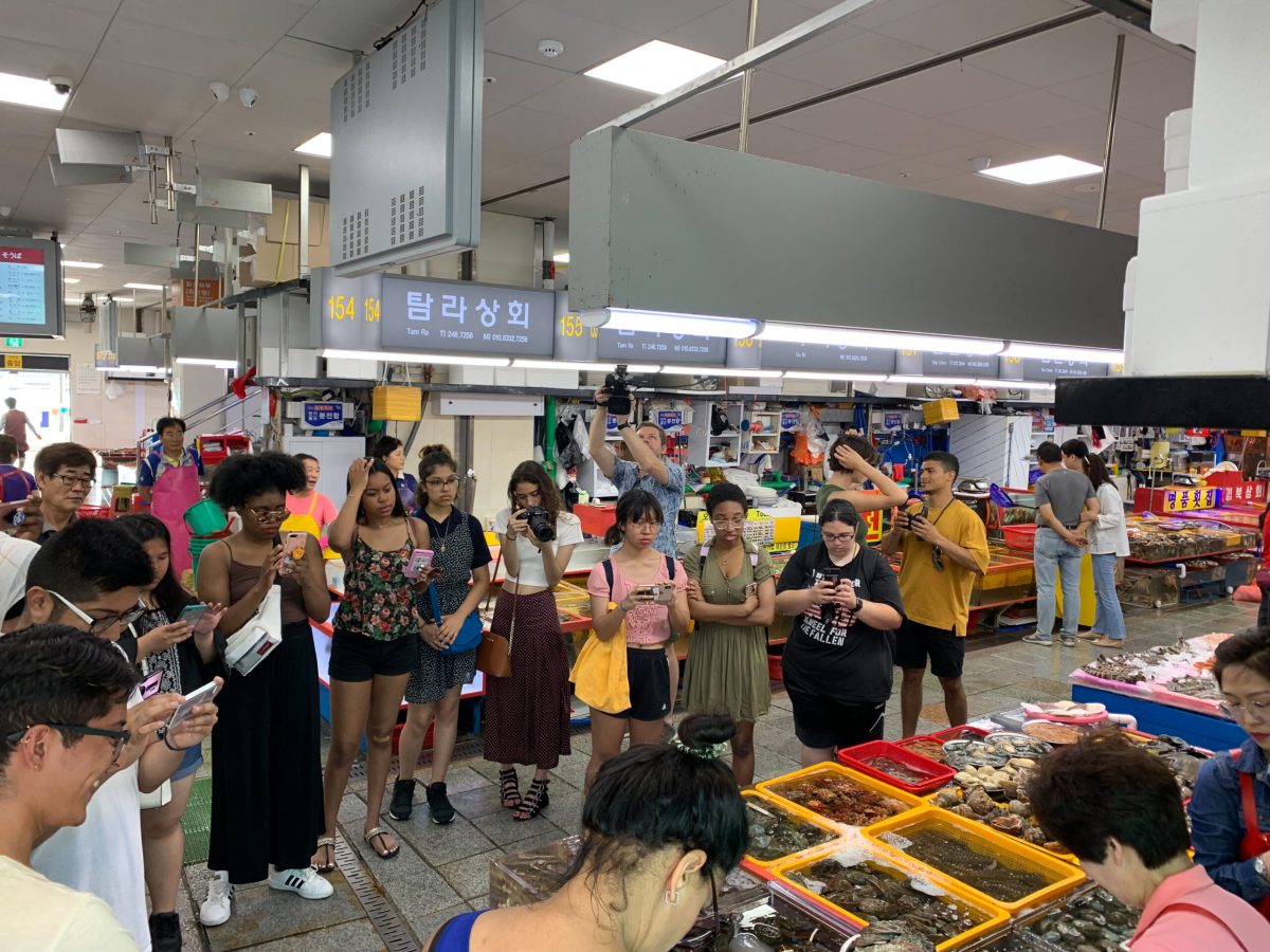 Students in a fish market